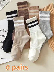 6 pairs of spring and autumn new casual striped mid-calf socks for men and women, breathable, sweat-absorbent, comfortable, available in multiple versatile colors, durable, suitable for daily casual wear, running, sports, and various occasions