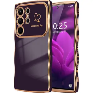 for Samsung Galaxy S24 Ultra Case for Women Girls, Cute Wave Frame Curly Shape with Love Heart Raised Camera Protection Luxury Plating Shockproof Phone Case for Galaxy S24 Ultra 5G,Dark Purple