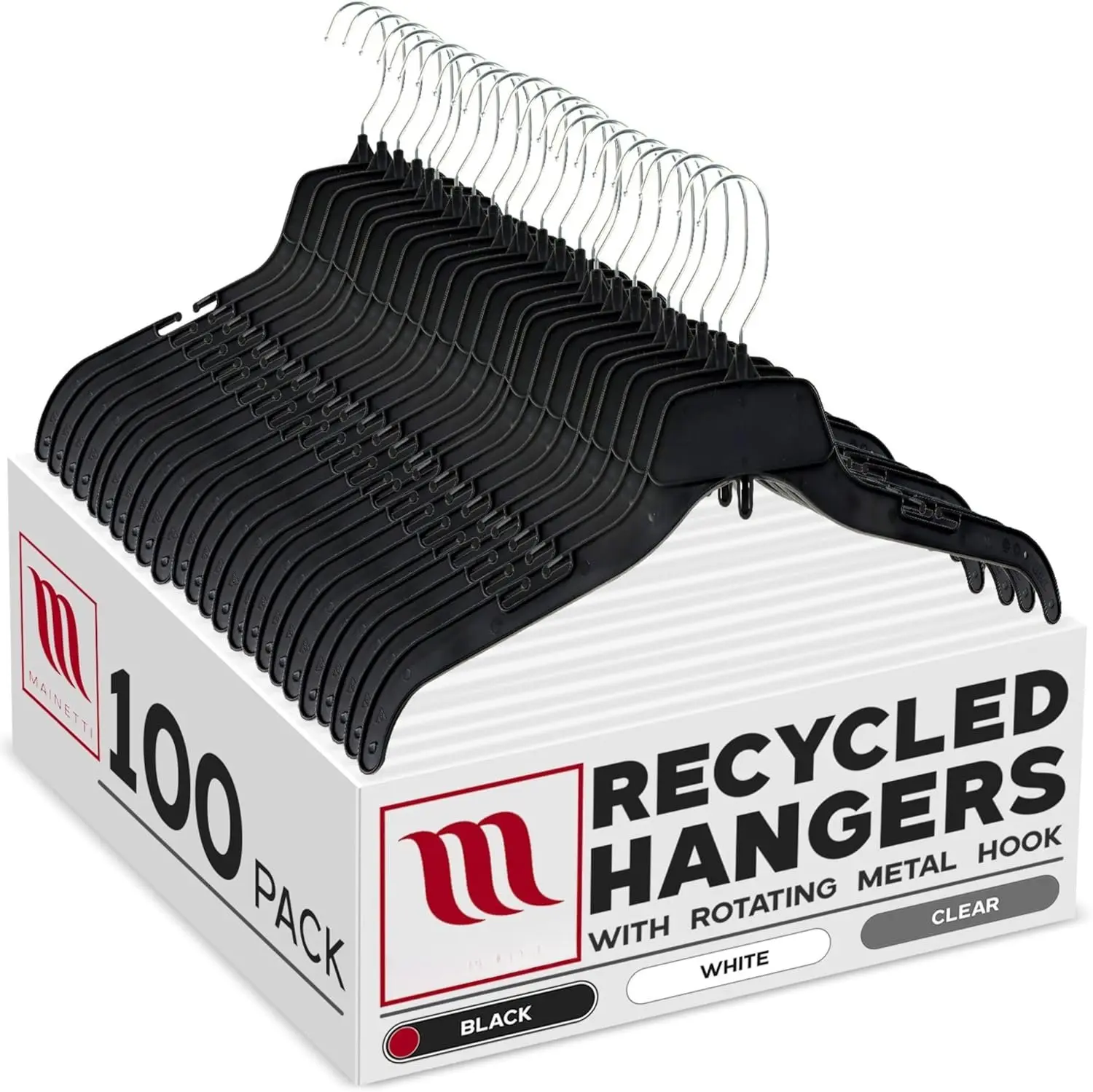 100-Pack Durable Recycled Black Synthetic Plastic Hangers - 17-in Home Organizer with Rotating Metal Hook, Strap Notches for Hanging Shirts, Tops, 17-Inch