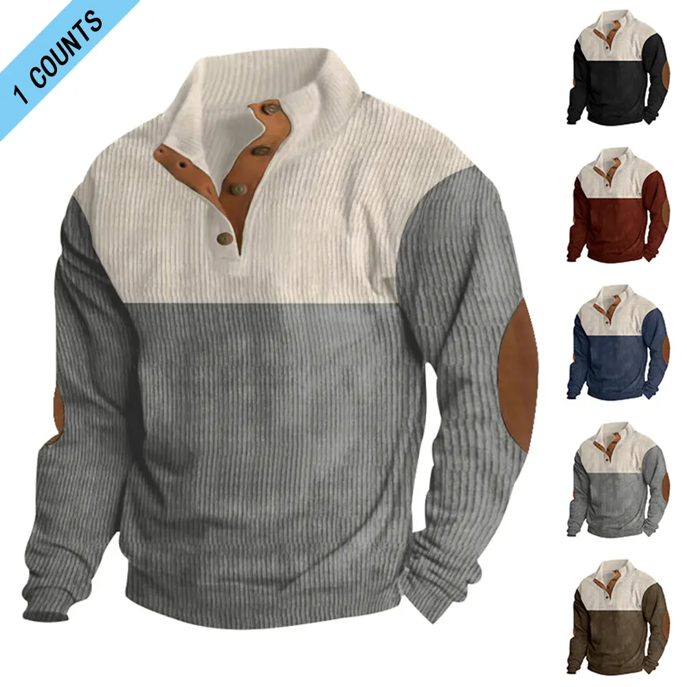 Men's Chic Jacquard Knitwear, Fitted Long Sleeve Button Henley Shirt with Stand Collar, Trending Street Style for Party