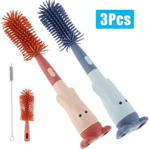 3Pcs Baby Bottle Brush Set 3 in 1 Silicone Baby Bottle Cleaner Pacifier Brush with Stand Portable Straw Glass Cup Cleaner Brush
