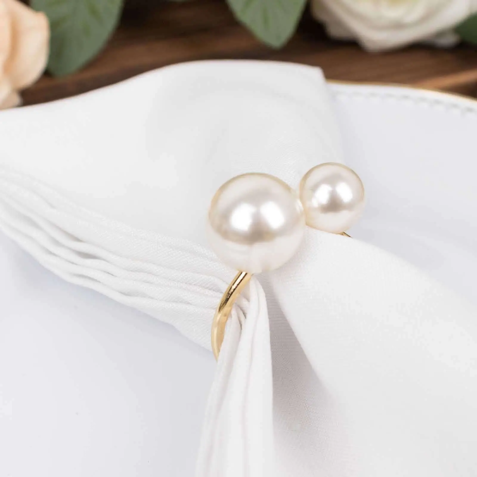 Decorative Napkin Rings (10 Pack) - White Pearl Gold Metal, 2.5" Elegant Round Holders for Wedding Reception, Bridal Shower, Dinner Party Dining Table Decor