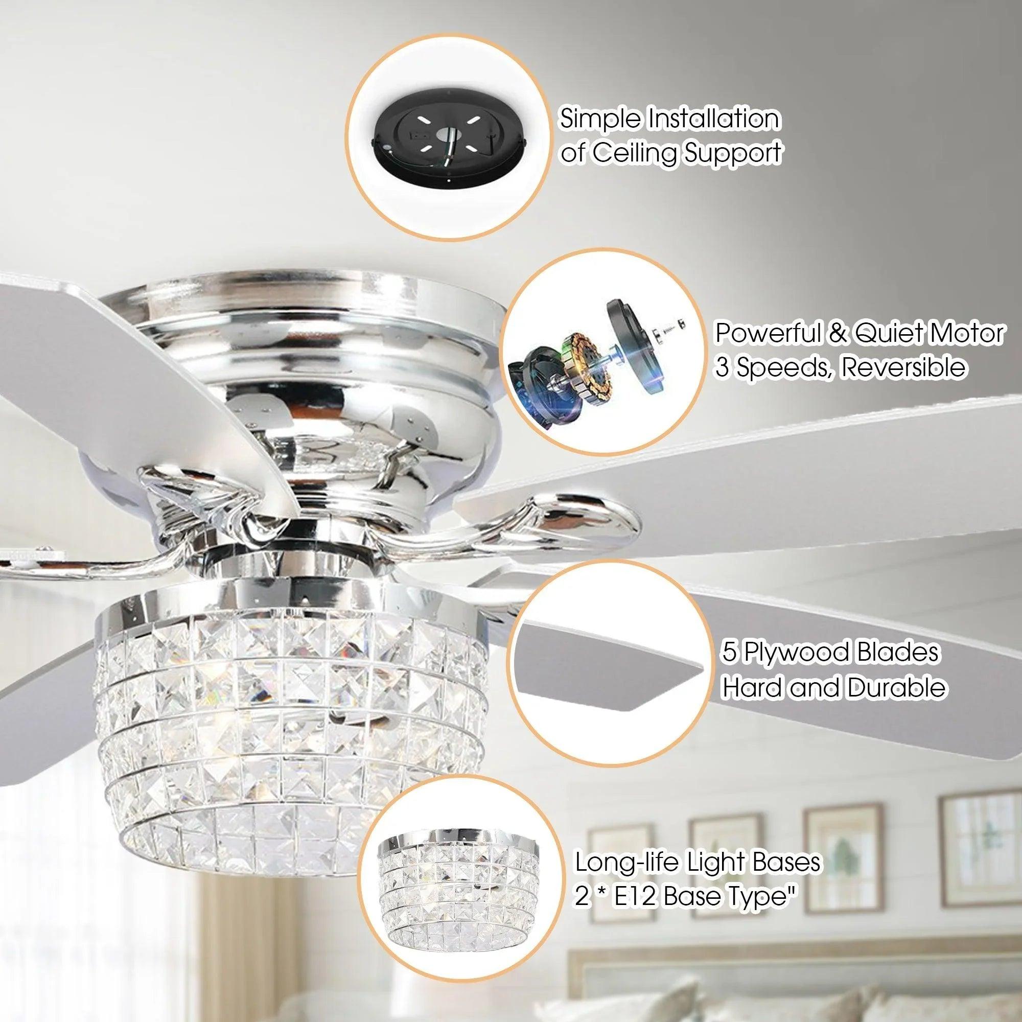 52" Panipat Modern Chrome Flush Mount Crystal Ceiling Fan with Light & Remote Control