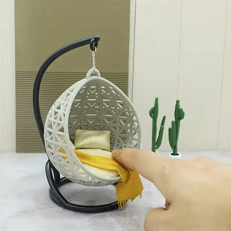 1:30 Scale DIY Dollhouse Swing Chair, Miniature Resin Hanging Basket with Plaid Design & Cushion, Perfect for Model Making, Miniature Furniture, Doll House Accessory