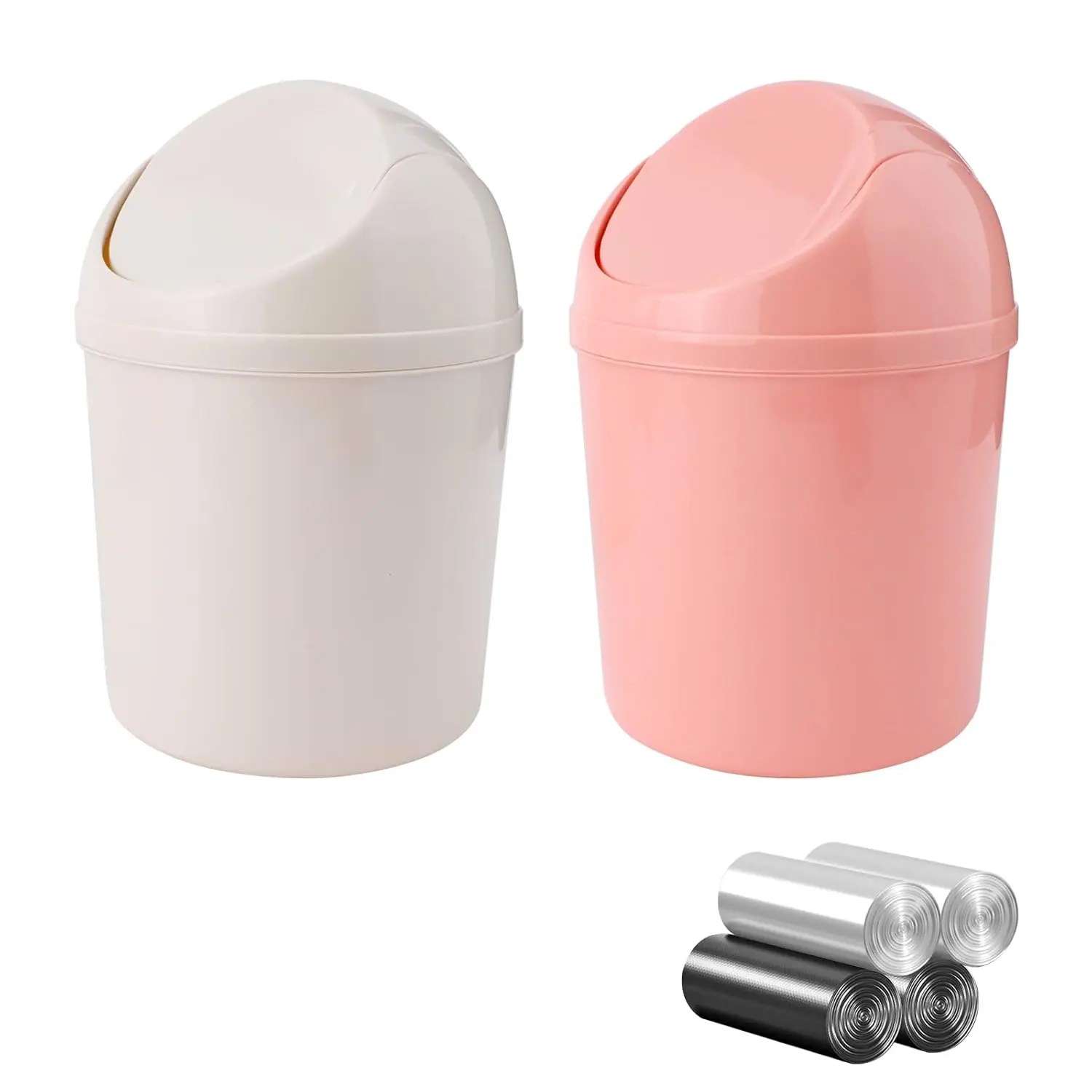 Pink + Beige 2-Piece Tabletop Trash Cans Set - Plastic Smooth Swing Top Lidded Garbage Bin & Waste Bin, Mini Lidded Bucket, 120 Bags Included, Odor-Blocking Office Trash Cans for Near Desk & Home Vanity, Cleaning Supplies