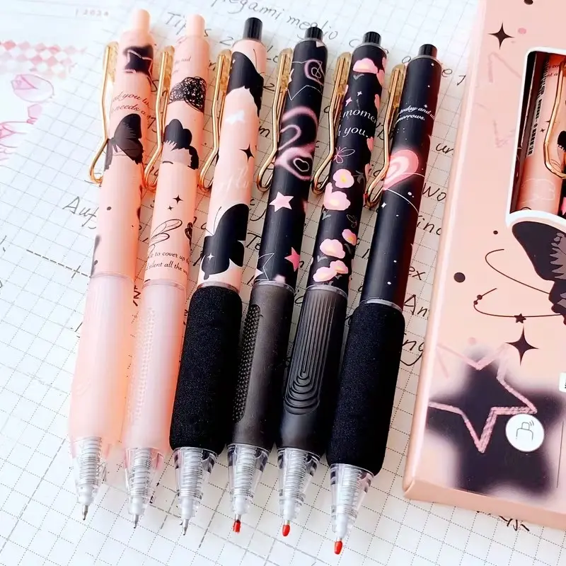 6-Pack Cute Gel Pens, Aesthetic Pens, Boutique Pen, Metal Pen Clips, 0.5mm Button Pens, Frost Butterfly Design, Ideal for School Office Use, Writing Tools, Office School Supplies