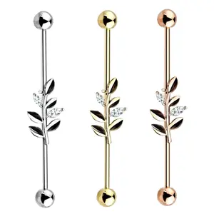 14 Gauge Leaf Branch Industrial Barbell in Silver, Gold, & Rose Gold with Cubic Zirconia