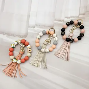 Silicone beaded keychain, rubber paint round bead bracelet, tassel keychain, bag charm