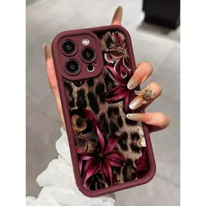 Cheetah,Leopard Print Burgundy Sexy Leopard Print Vintage Floral Thick Anti-Drop Phone Case Compatible With IPhone 11, 12, 13, 14, 15, 16, 13 Pro Max, 16 Plus, XR, 7, 8 Plus, 17 Pro Max, 15 Pro Max And Other Models for Samsung S25