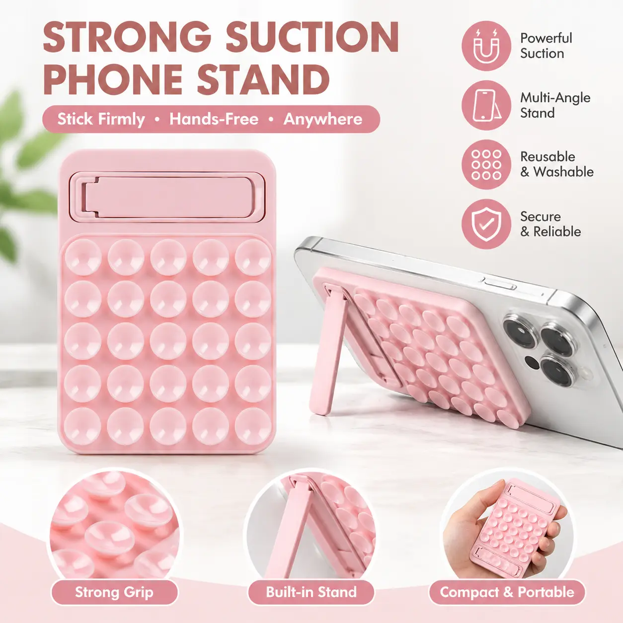 1 Count, Silicone Suction Cup Phone Stand, 25 Suction Cups Foldable Bracket, Reusable No Glue Residue Soft Silicone For Hands-free Daily Viewing
