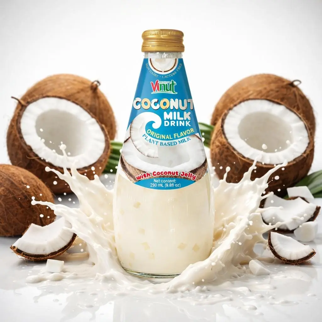 Vinut Coconut Milk Drink Original Flavor with Coconut Jelly Plant Based Non-Dairy Lactose Free 290ml Glass Bottle Pack of 6 12 or 24 Ready to Drink Beverage - Juice