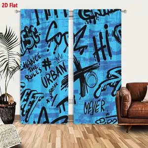 2D Flat Urban Street Art Graffiti Pattern Black & Blue Brick Wall Design 2-Piece Curtain Set with Dripping Paint Effects, Bold Letters, Crown X Circle Hashtag Symbols - Vibrant Artistic Living Room Bedroom Decor
