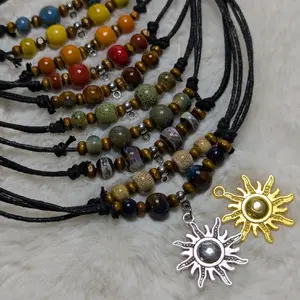 Ceramic Beaded Silver or Gold Sun Charm Boho Hippie Whimsical Adjustable Black Rope Cord Choker Stacking Necklace