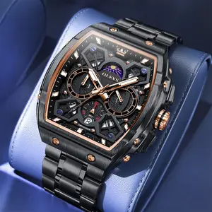 OLEVS  Men's Chronograph Watch, Barrel-Shaped Geometric Water-Resistant Watch, Cyberpunk Style, Dual Time Zone Display, High-Definition Luminous Hands, Precision Quartz Movement, and High-Quality Steel Bracelet 2942