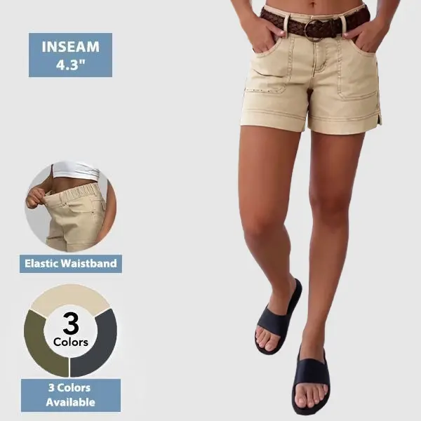Flamingals Solid Split Side Flap Pocket Elastic Waistband Shorts Womenswear Stretchy 4.3" Inseam Flamingals Solid Split Side Flap Pocket Elastic Waistband Shorts Womenswear Stretchy 4.3" Inseam
