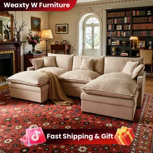 WEAXTY 108" U-Shaped Modular Sectional Sofa, Comfy Cloud 3-Seater with 2 Movable Ottoman, Deep Seat Linen Couch for Living Room, Stylish&Chenille Design, Summergarden【2 Packages Shipping】