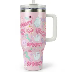 40oz Halloween Spooky Season Tumbler with Handle and Straw,Birthday Anniversary Gift for Women Mom Wife, Ghost Pumpkin Floral Insulated Cup, Leakproof Travel Mug