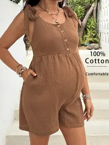 DANLIEN Summer Maternity Casual Brown Cotton Jumpsuit with Wooden Buttons and Shoulder Straps