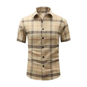 Menswear Short-Sleeve Checked Top - Men's Khaki Plaid Slim-Fit Breathable Button-Down Shirt, Classic Tartan Pattern, Ideal for Casual Wear, Office Outings