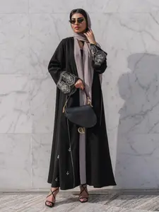 Women's Ethnic Pattern Embroidery Long Sleeve Abaya, Modest Kimono Sleeve Open Front Long Abaya for Party, Women's Islamic Clothing for Fall & Winter, Abayas for Eid