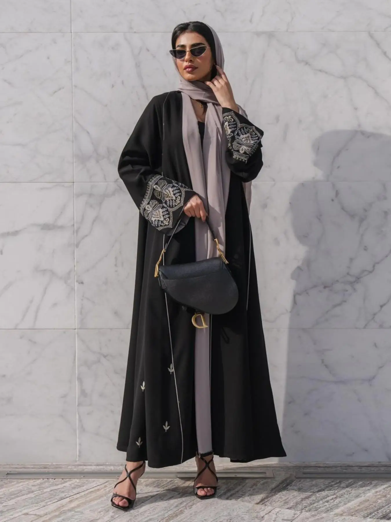 Women's Ethnic Pattern Embroidery Long Sleeve Abaya, Modest Kimono Sleeve Open Front Long Abaya for Party, Women's Islamic Clothing for Fall & Winter
