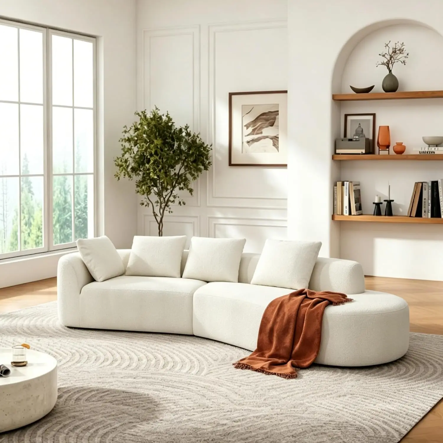 116" Curved Polyester Sectional Couch, Modern Pearl Upholstery 3-Seat Cloud Sofa with Chaise Lounge & 4 Pillows for Living Room, Beige