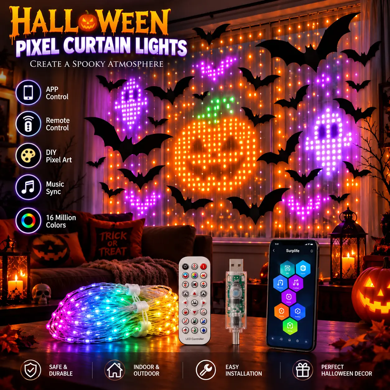 Halloween Bat Curtain Lights, Smart RGB Color Changing LED Window String Lights with App & Remote Control, USB Powered Music Sync Fairy Lights for Bedroom, Living Room, Wall, Party Backdrop and Halloween Decorations