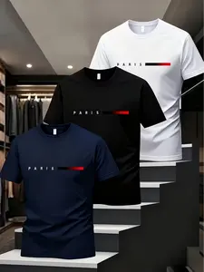 3-Pack Men's Casual T-Shirts, Breathable Moisture-Wicking, Paris Letter Print, Loose Fit, Quick-Dry, Multi-Color, All Seasons