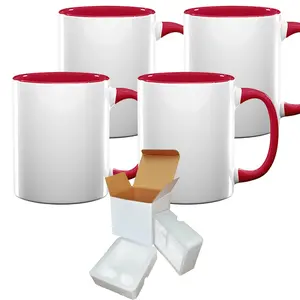 4-Piece Set: 11oz Red Inside & Handle Sublimation Mugs | Foam Support & Mug Shipping Boxes Included