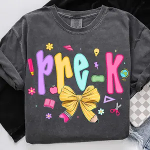 Preppy Back to School Shirt – Coquette Teacher First Day Tee – Girly Bow Pencil Design – Pre-K, Kindergarten, 1st Grade Teacher Shirt