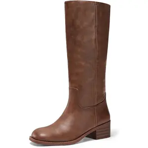 Coutgo Women's Knee High Boots Square Toe Chunky Block Heel Tall Boots Comfortable Low Heel Shoes