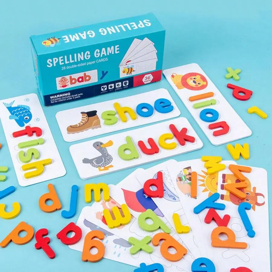 Spell Learning Toys, 28 Double-Sided Flash Cards 52 Wooden Alphabet Blocks, Puzzle Spell Game Matching Letter Games Classroom Educational Toys Word Building Toys With Storage Bag For Kids