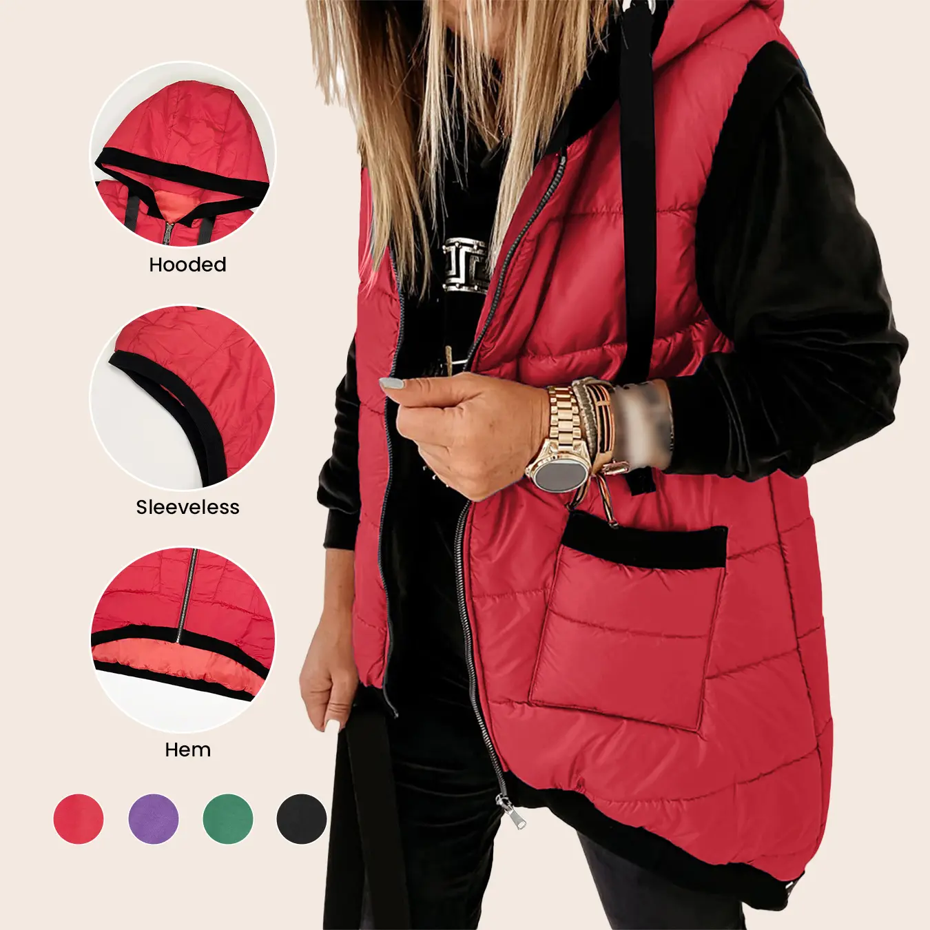 Aswulk Women Hooded Quilted Padded Vest, Thick Zip Up Sleeveless Jacket With Big Pockets, Front Short Back Long Casual Layering Gilet