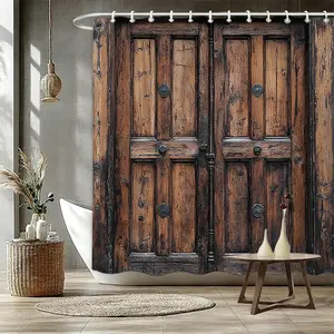 Vintage Barn Door Pattern Bathroom Decoration Accessories, 1 Count Shower Curtain & 1 Count U-shaped Mat & 1 Count Toilet Lid Cover & 1 Count Toilet Mat, Bathroom Decor