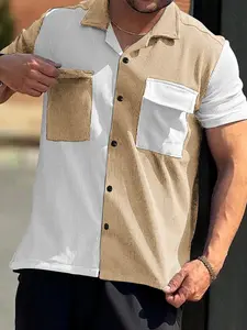 Men's Spring Summer Colorblock Multi-Pocket Button-Down Shirt,mensstyle Hip-Hop Casual Regular Fit, Fashionable Men's Clothing, Classic