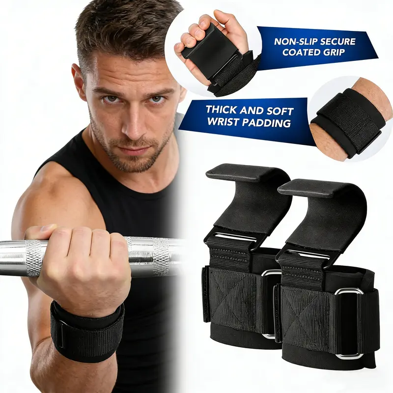 SPORTIC Lifting Hooks & Wrist Straps Set 1000LB Capacity with Anti-Slip Grip Adjustable Wrist Wraps for Deadlifts Powerlifting CrossFit Strength Training Gym Gear for Men & Women - Fitness Accessories