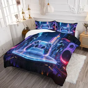 2/3Pcs Futuristic Neon Game Controller Comforter Set, Vibrant Cyberpunk Bedding Set, Digital Print Design for Gaming Enthusiasts, Perfect for Bedroom and Game Room Decor, Soft and Cozy for All Seasons, Pillowcase No Filler