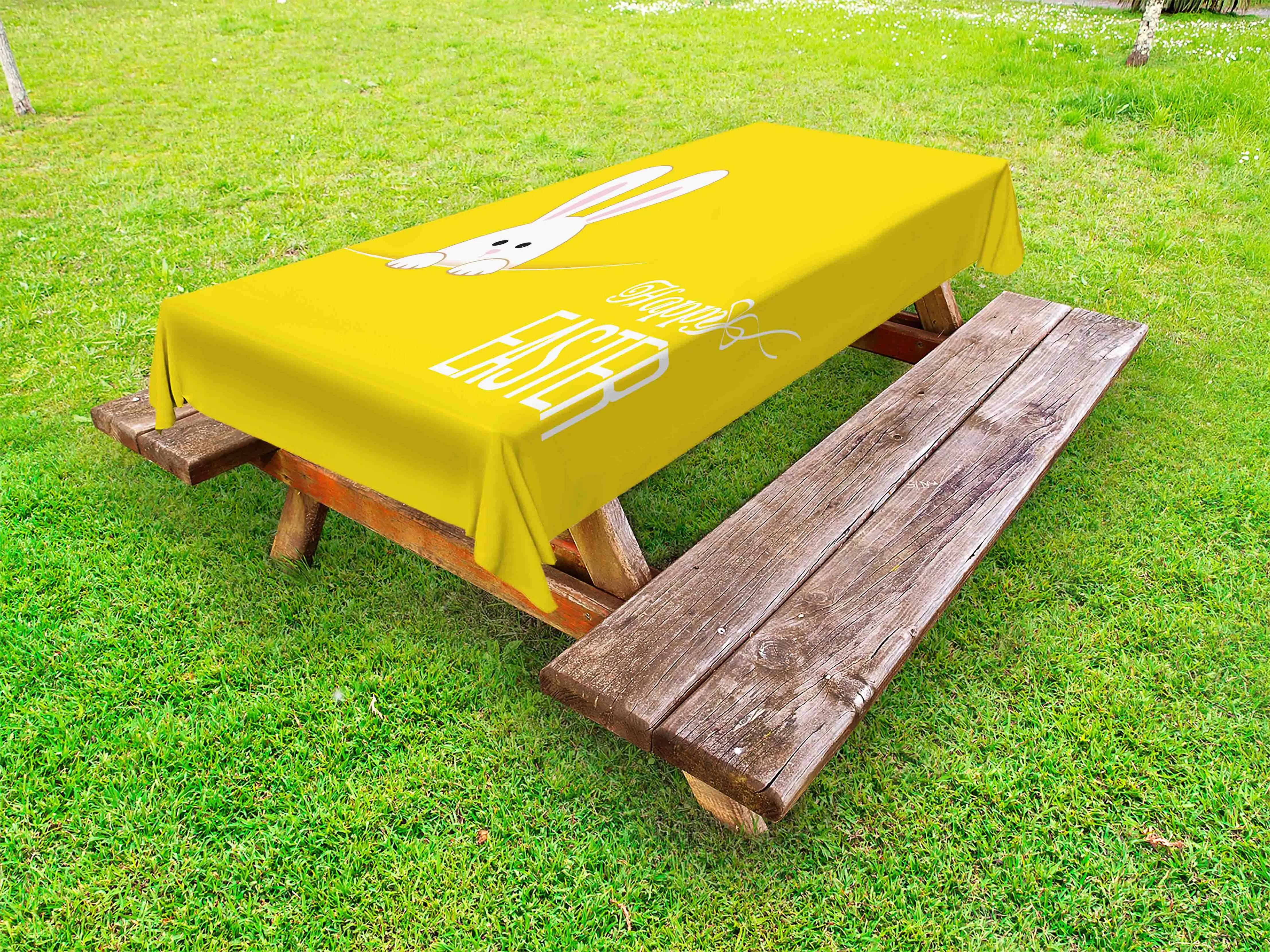 Yellow Outdoor Tablecloth, Easter Bunny Rabbit Animal Cartoon Springtime Cheerful Fun Celebration Art Print, Decorative Washable Picnic Table Cloth, 58" X 84", Yellow White