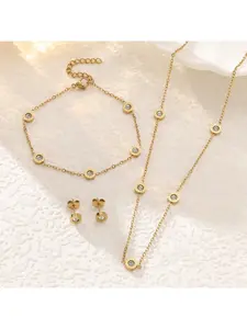 Elegant Gold CZ Circle Jewelry Set, Minimalist Cubic Zirconia Pendant Necklace Bracelet Earrings, Daily & Party Wear Accessory