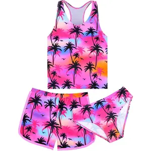 Girls Tankini Swimsuit 3 Piece Bathing Suit Set Cute Bikini Swimwear with Shorts Summer UPF 50+ Racerback Kids Swim Suit