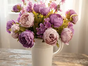 Artificial Peony Flower Bouquet in Ceramic Vase – Luxury Pink Floral Arrangement for Home Decor, Living Room, Bedroom, Gift