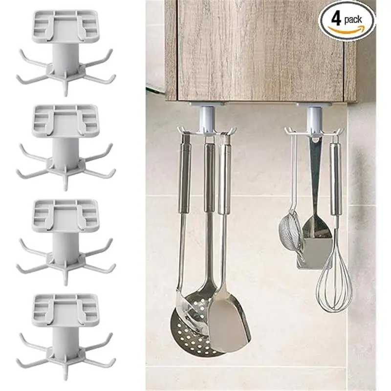 4 Pack Under Cabinet Kitchen Utensil Hooks Utility Hooks 360 °Rotating Nail Free Adhesive Hanging Hooks for Kitchen Utensils, Tools, Towel, Knife Organiser Installation