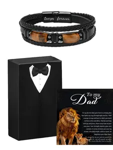 To My Man/Son/Dad Tiger Eye Bracelet Gift Set, Personalized Jewelry Gift, leather braided bracelet with magnetic clasp, engraved “Love You Forever”, perfect gift for Father’s Day, birthdays, anniversaries, or special occasions
