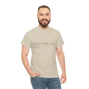 Men's Soft Knit Cotton Fabric Short-Sleeve Round Neck Ribbed Drape Top - Unisex Minimalist Classic Faith Tee with "God's Timing Is Greater Than Mine" Script Print, Layering Piece for Jackets, Ideal for Day Wear