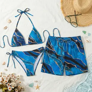 [HOT SUMMER 2026] Deep Sea Blue Marble Matching Couple Swimwear Set – Halter Bikini & Men’s Swim Trunks, Golden Ocean Art Beach Vacation Outfit