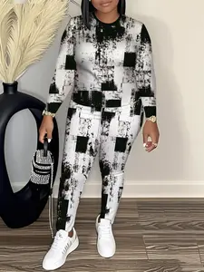 Large Size Black and White Square Stitching Set - Casual Square Patterned Top & Pants Matching Outfit