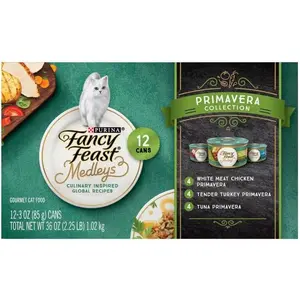 Fancy Feast Elegant Medleys Primavera Collection Cat Food Variety Pack 12-3 oz. Cans [Contains: 4 Each: Tender Turkey Primavera, Tuna Primavera, and White Meat Chicken Primavera]