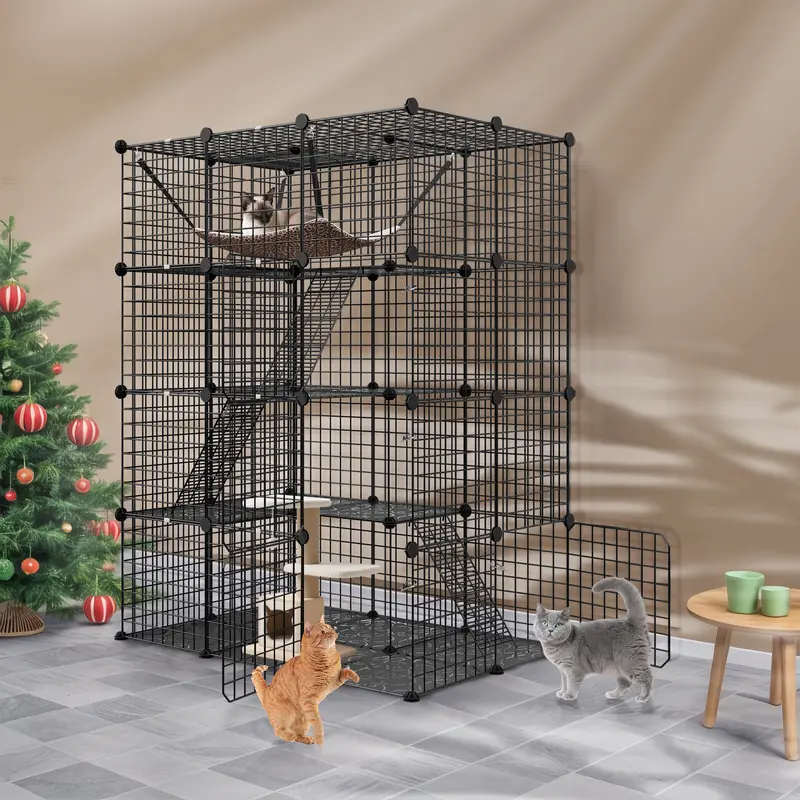 Segawe 4-Tier Enclosed Metal Frame Ferret Cage - Escape-Proof Bunny Enclosure, 42 x 28 x 56", Hook-Top Stairs, Multi-Level Setup, 22lbs Per Tier Capacity, Indoor-Outdoor Habitat, Plush Hammock Included, Cashmere Cloth Accessory