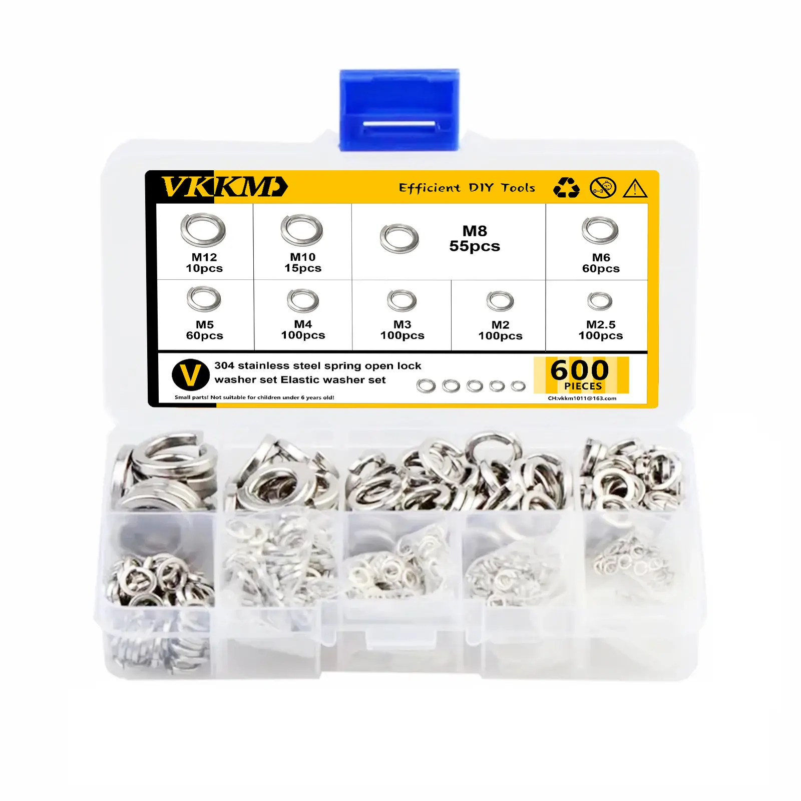 VKKM 600 Pieces M2-M12 304 Stainless Steel Spring Lock Washers Kit - Metric Split Elastic Washers for Industrial Construction Fastening, DIY Maintenance, Bolts, Flat Maintenance Work