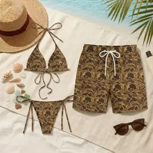 Vintage Brown Duck Camo Matching Couple Swimwear Set Bikini & Board Shorts Beachwear